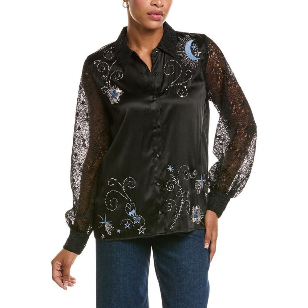 Johnny Was Womens  Vanti Embroidered Lace Silk-Blend Shirt, Black